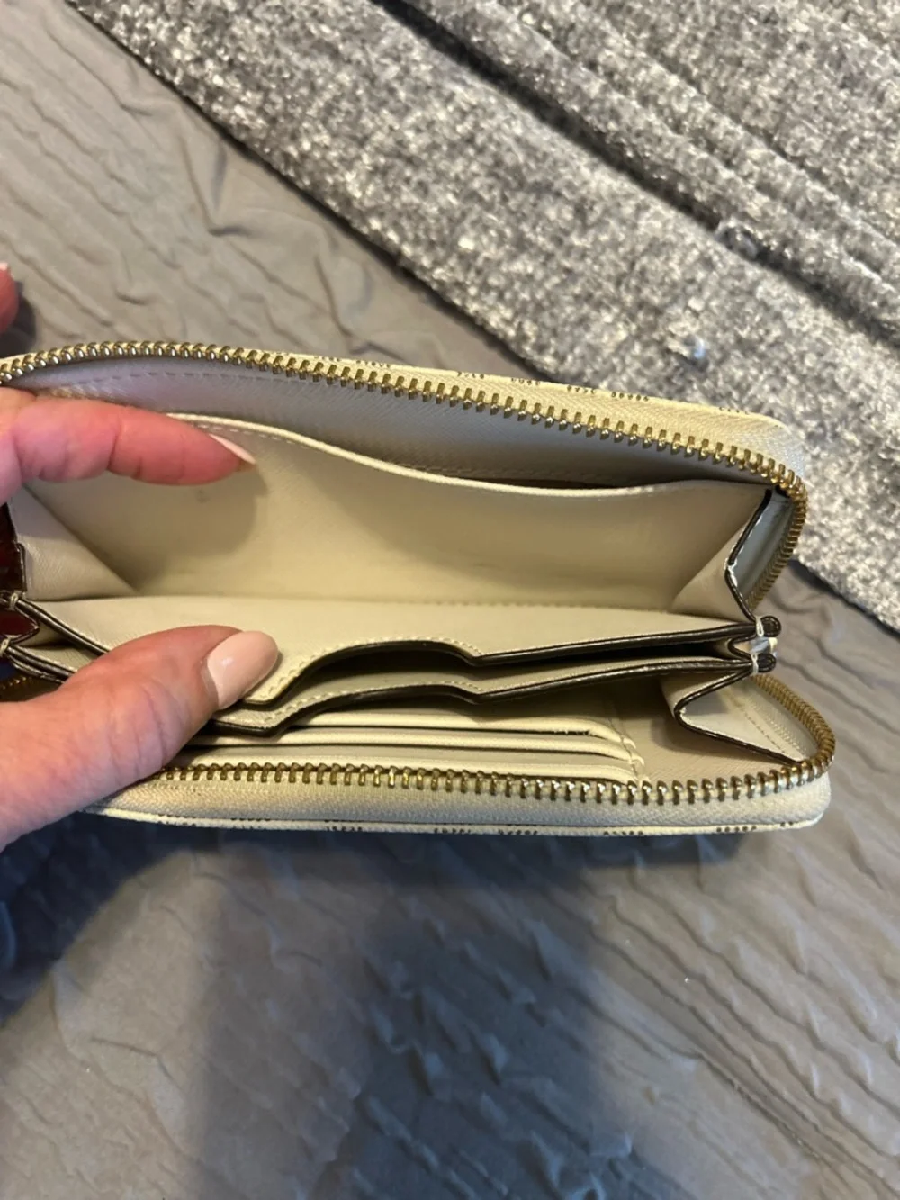 Michael Kors White/ Beige MK Monogram Zip Wallet with Gold Plate